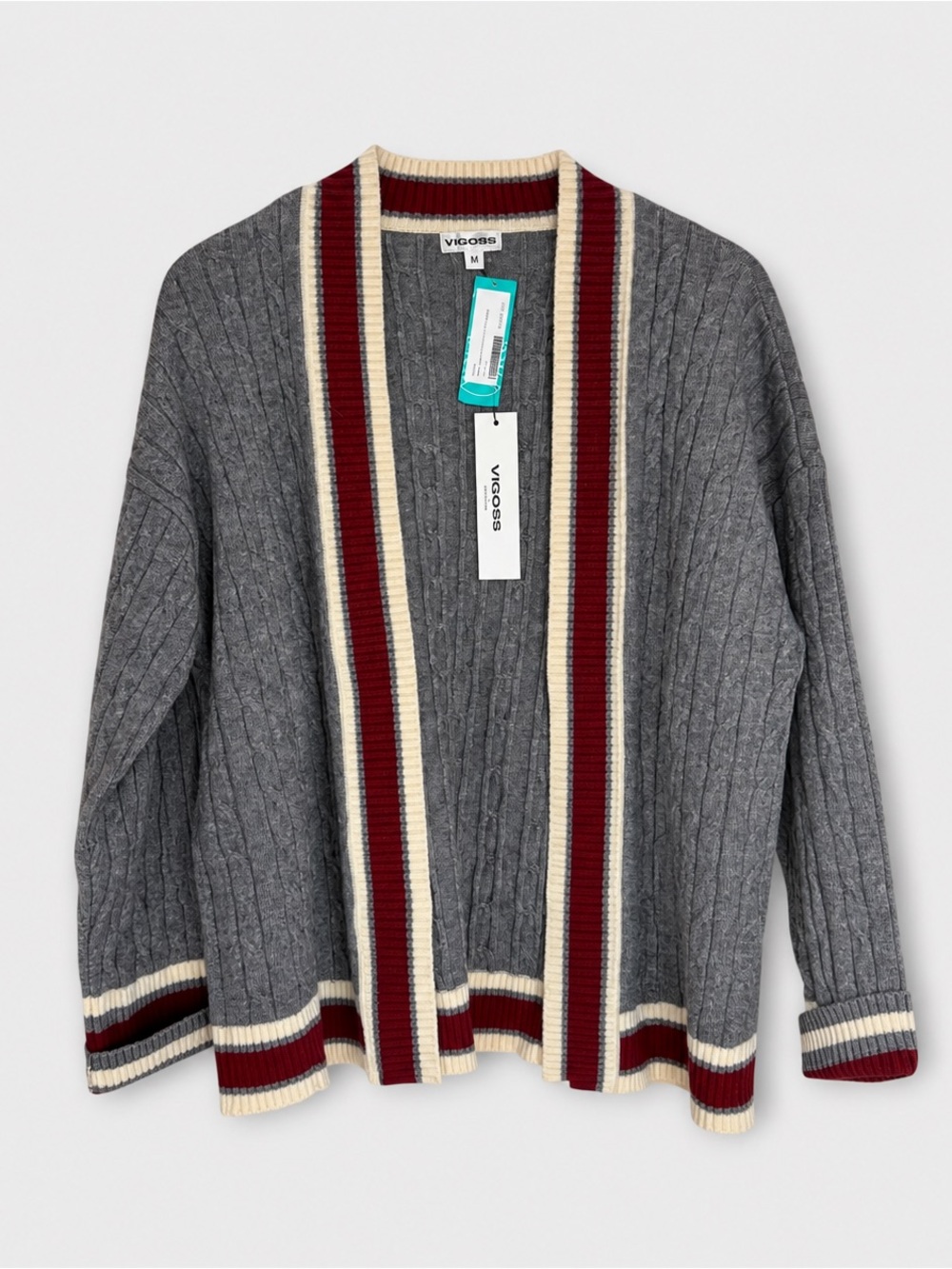 Vigoss Women’s Gray Cable Knit Open Front Cardigan Sweater Burgundy M NWT